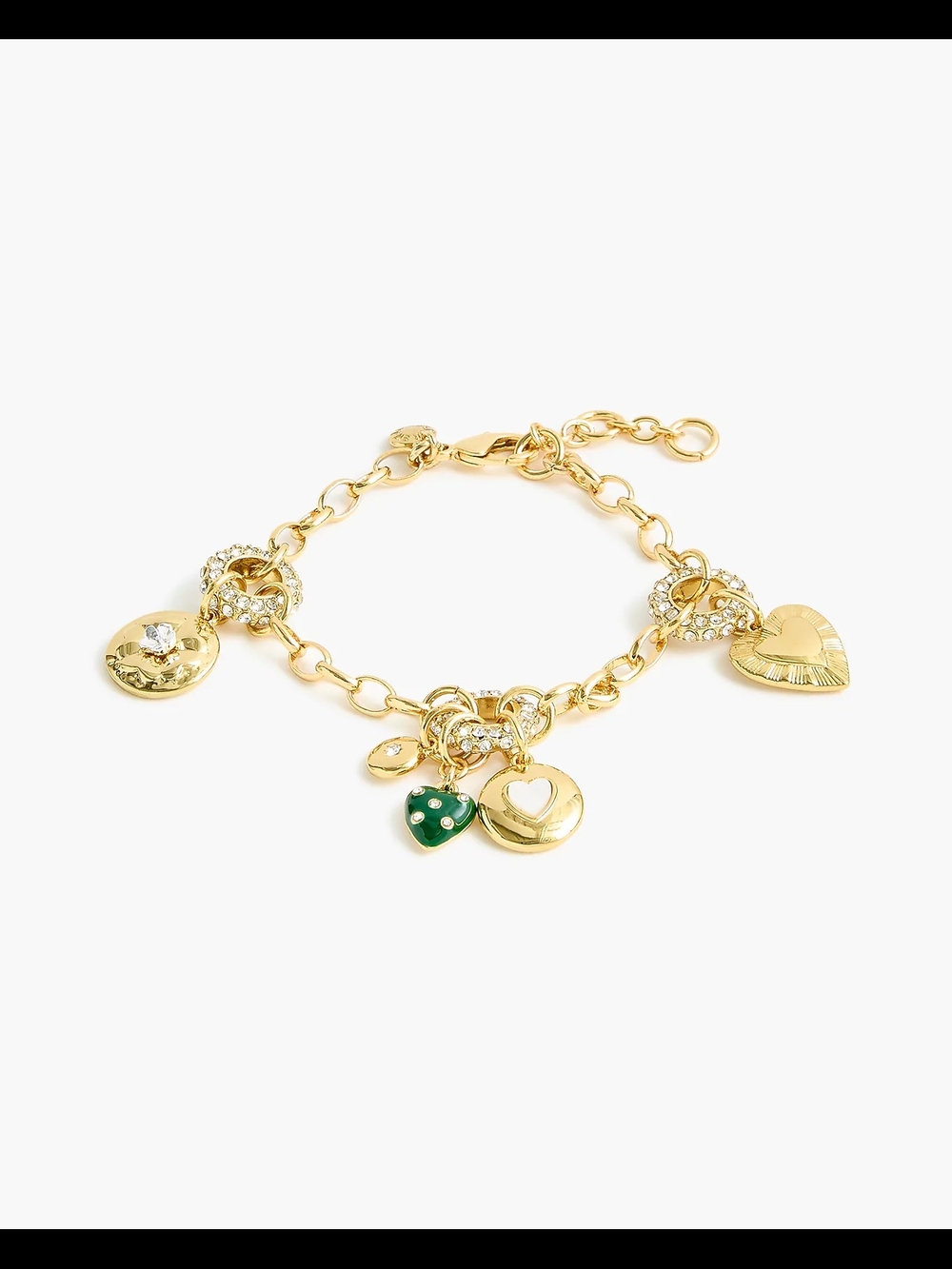 J.Crew Heart Charm Pave Double Chainlink Bracelet, Gold/ Green